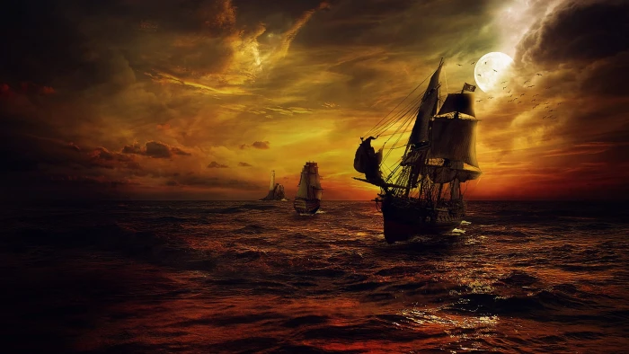 brown galleon ship illustration strom sea night fantasy red 2k