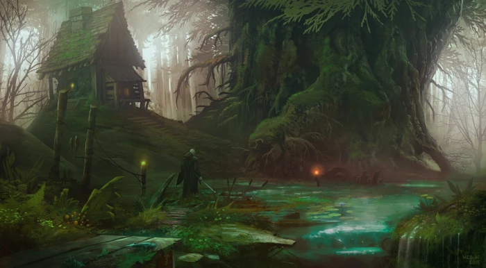 brown house beside tree painting person in black coat front of and body water near shack poster 2k
