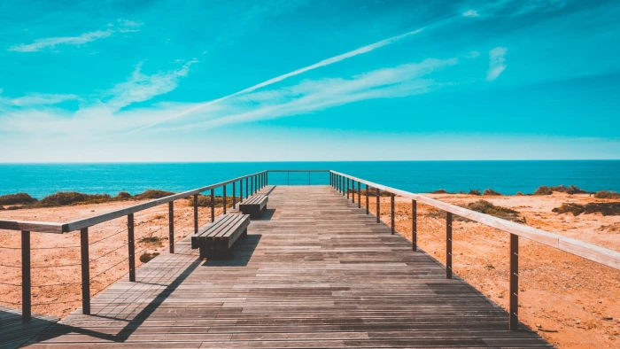 Brown Wooden Dock beach bench boardwalk clouds coast daylight 2k