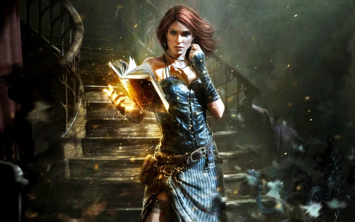woman in black sleeveless dress holding book digital wallpaper