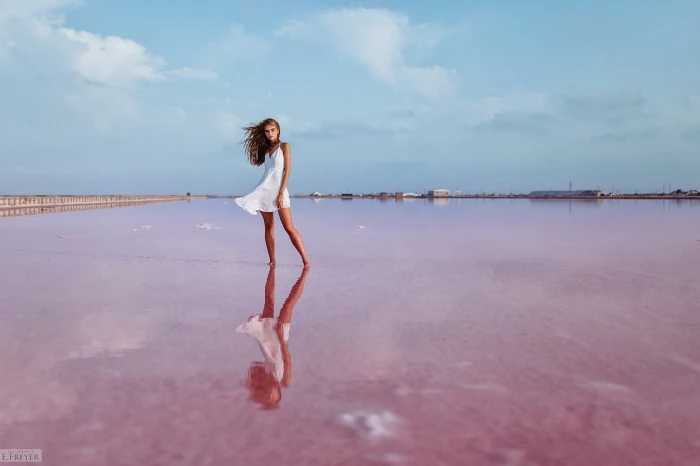 women's white sleeveless dress brunette women outdoors windy 2k