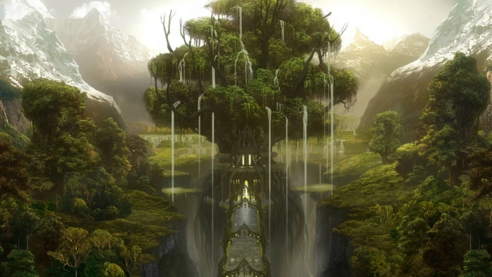 fantasy fountain landscape water waterfall forest river 2k