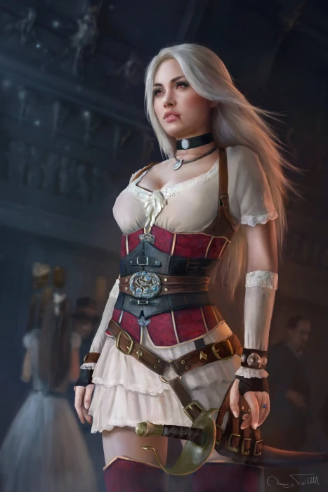 female anime character with sword in her holster illustration white haired woman maroon and brown outfit 2k