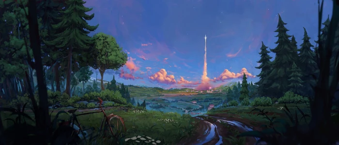 forest bicycle twilight road Landscape sky trees nature 2k