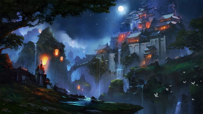 gray temple on top of rock formation fanart China Light Japan 2k