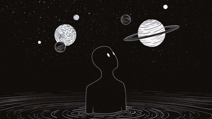 human figure and planets artwork space monochrome Tengen Toppa Gurren Lagann 2k