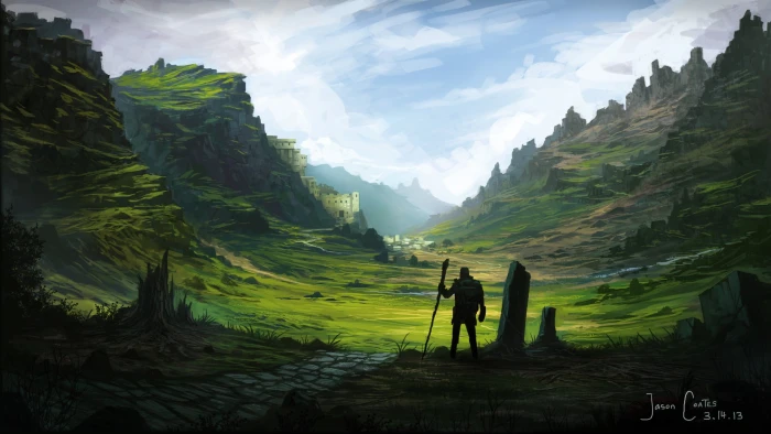 man standing with staff wallpaper fantasy art digital artwork 2k