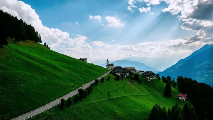 Mountains meadows hills houses roads sky clouds scenery 2k