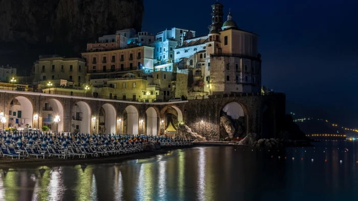 Naples Amalfi Campania lights Italy sea night house 2k