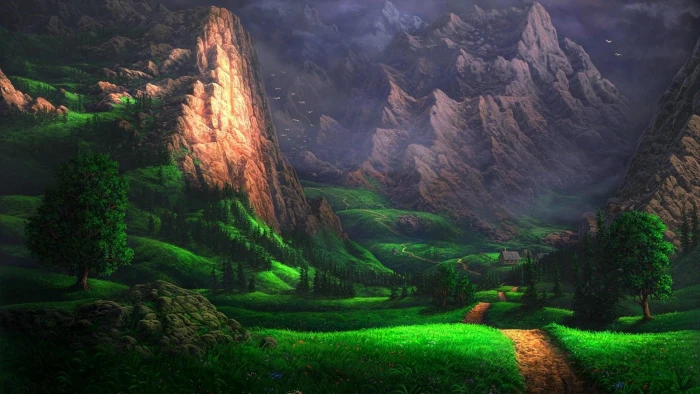 nature green vegetation digital art highland mount scenery 2k
