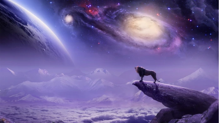 nature roar universe space fantasy art lion purple sky 2k
