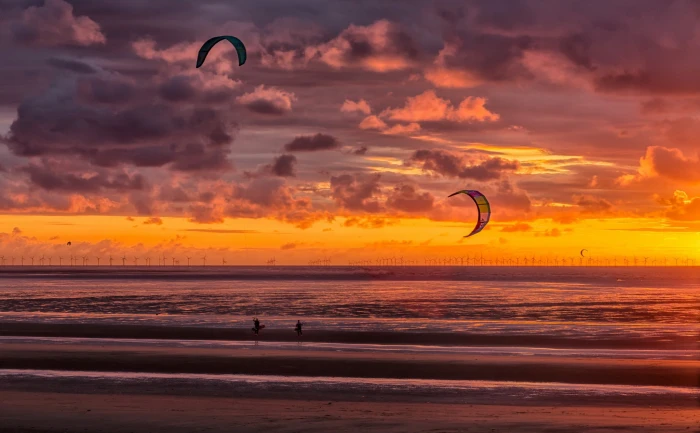 New Brighton kite surfers surfing beach sunset 2k