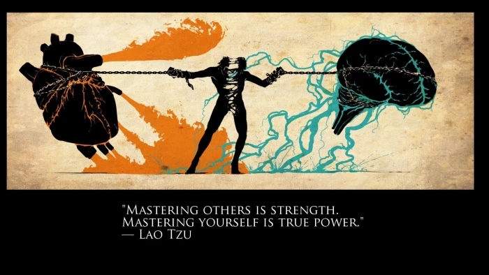 person pulling heart and brain illustration with mastering others is strength quote by Lao Tzu text overlay 2k