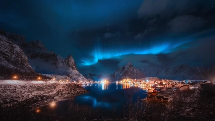 snow lights fishing village europe reinefjorden norway 2k