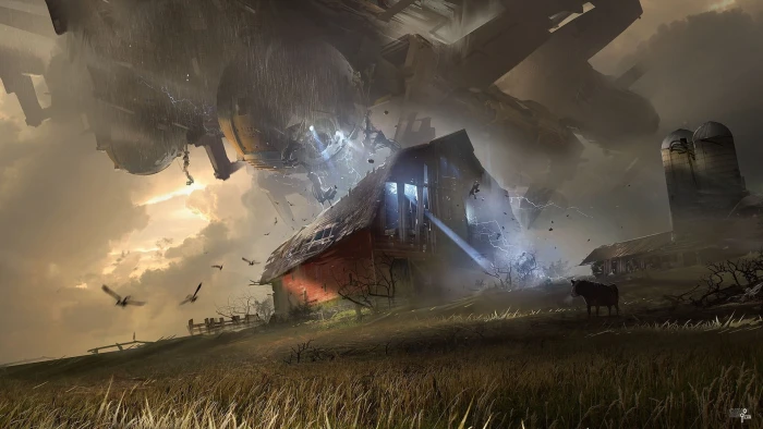 spaceship blasting the barn wallpaper artwork digital art futuristic 2k