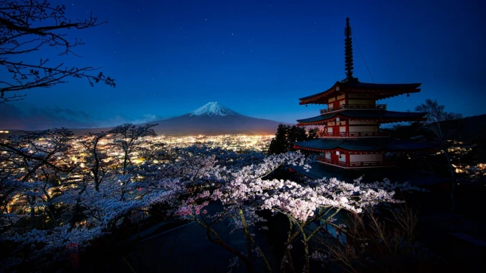 spring yamanashi fujiyoshida chureito pagoda japan mount fuji 2k