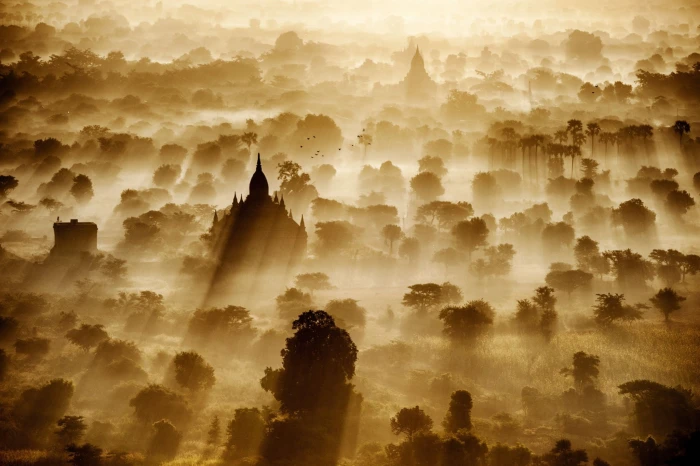 temple surrounded by trees digital wallpaper sun rays Bagan 2k