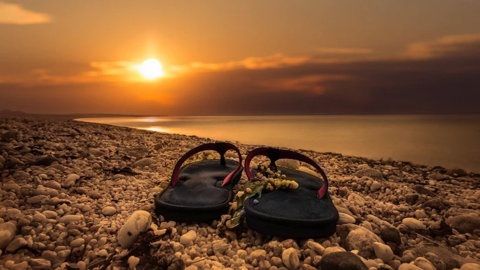 untitled flip flops beach sea rock sky sunset water solid 2k