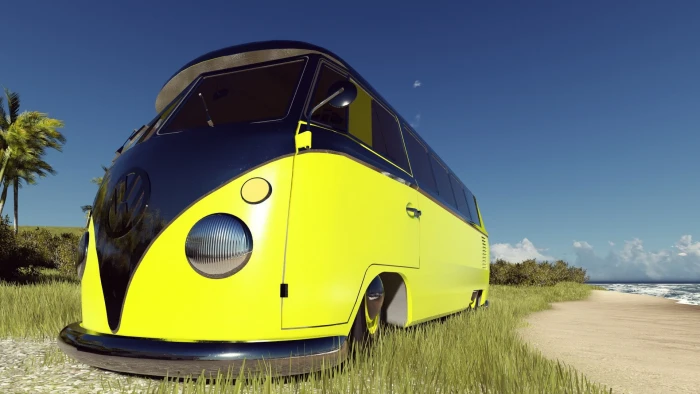 Volkswagen beach VW Kombi yellow car render transportation 2k
