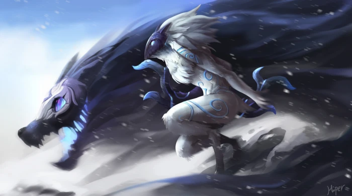 white and blue wolf character League of Legends Kindred video games 2k 4k