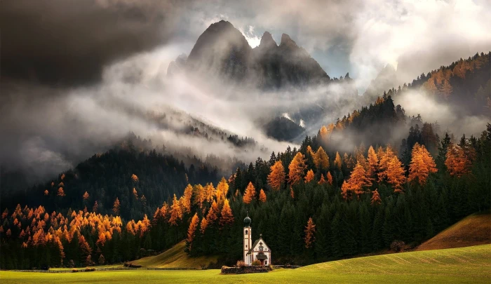 white cathedral green and yellow larch trees nature landscape 2k