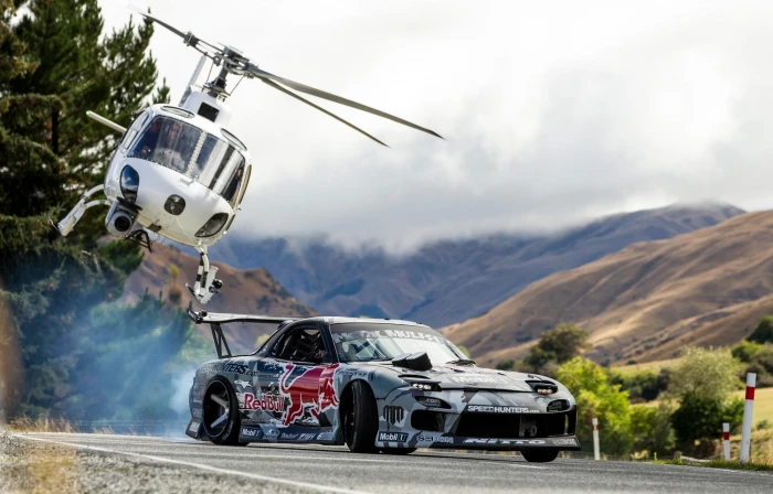 white helicopter Mountains Drift Mazda Red Bull Mad Mike 2k