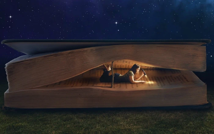 woman reading book optical illusion painting fantasy art artwork 2k