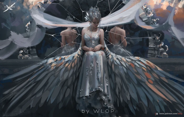 woman with wings anime girls Ghost Blade WLOP no people reflection 2k