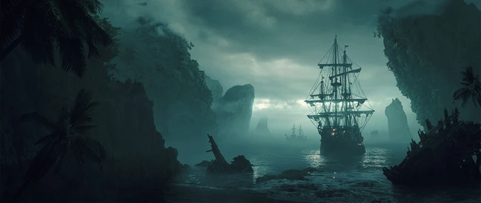 galleon ship game wallpaper ultra wide sailing fog nature 2k