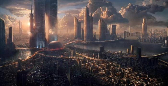 game illustration futuristic science fiction skyscraper cityscape 2k