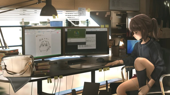 girl anime character sitting on chair infront of the table with computer monitors 81 2k
