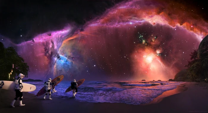 humor surfboards space digital art beach Star Wars 2k
