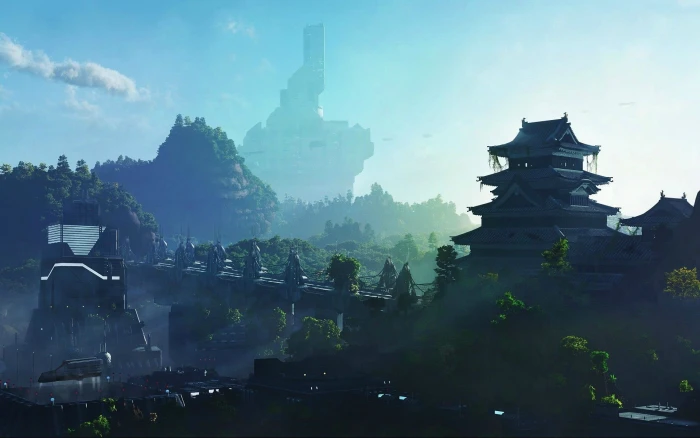 Japanese castle digital art nature futuristic pagoda built structure 2k
