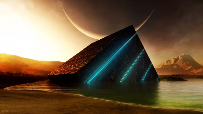 lighted triangle on body of water wallpaper artwork fantasy art 2k