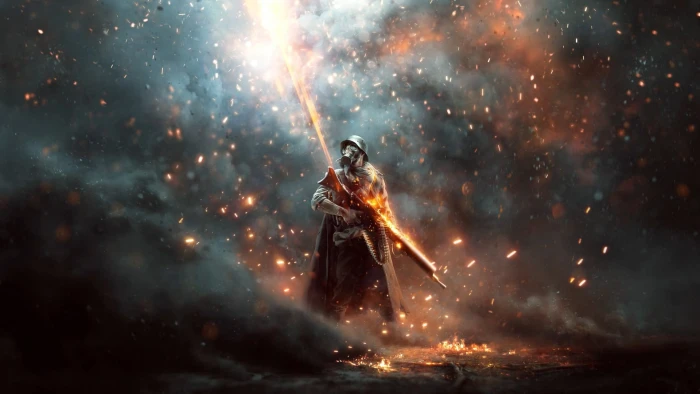 man holding gun painting Battlefield 1 apocalyptic fire Natural Phenomenon 2k