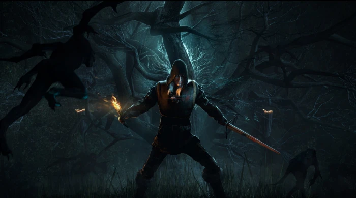 man wearing hoodie holding sword and torch poster the witcher 3 2k