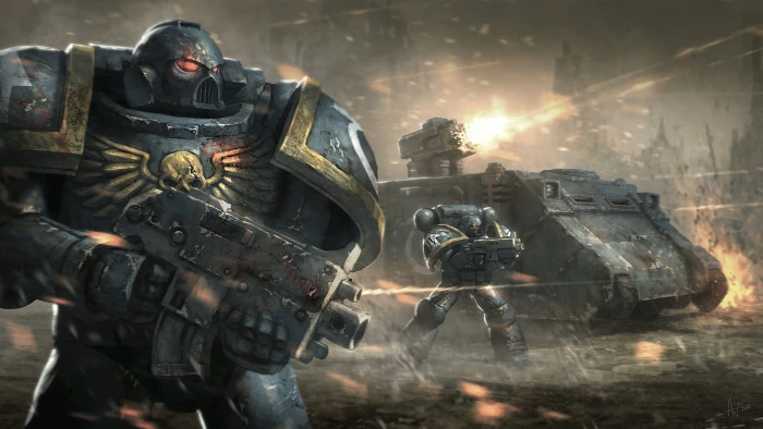 man holding rifle digital wallpaper Warhammer 40 battle 2k