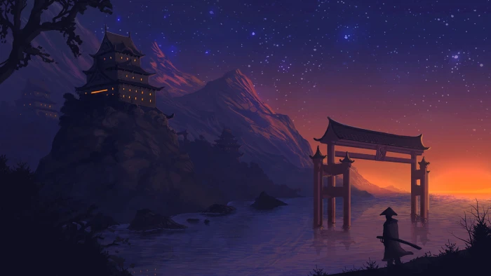 man near Torii gate wallpaper gray temple landscape 1 2k