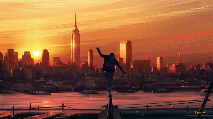 man standing on rails wearing black jacket steel bar during sunset 2k
