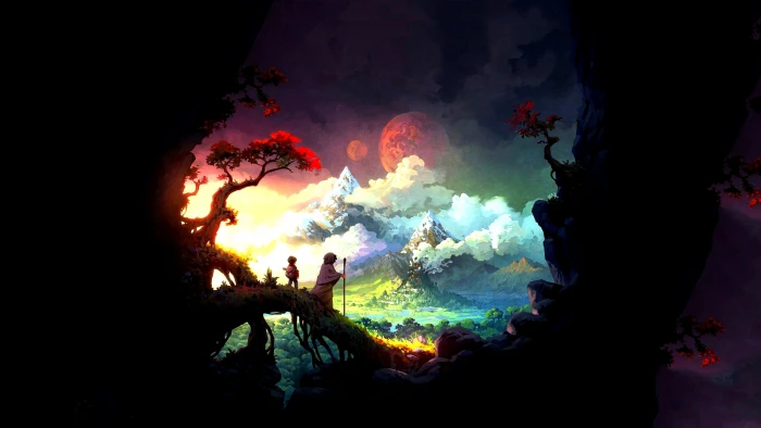 mountain and clouds digital wallpaper two anime character standing on wood branch facing red moon illustration 96 2k