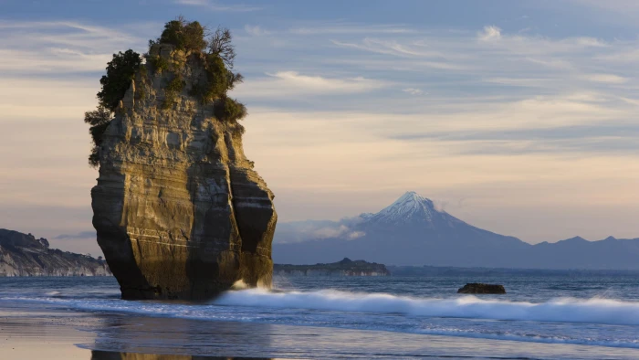 New Zealand Beach Mt Taranaki Landscape Rock Stone Ocean Island HD rock formation by the seashore 2k