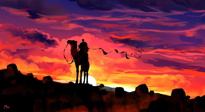 person riding on camel painting illustration fantasy art sunset 2k