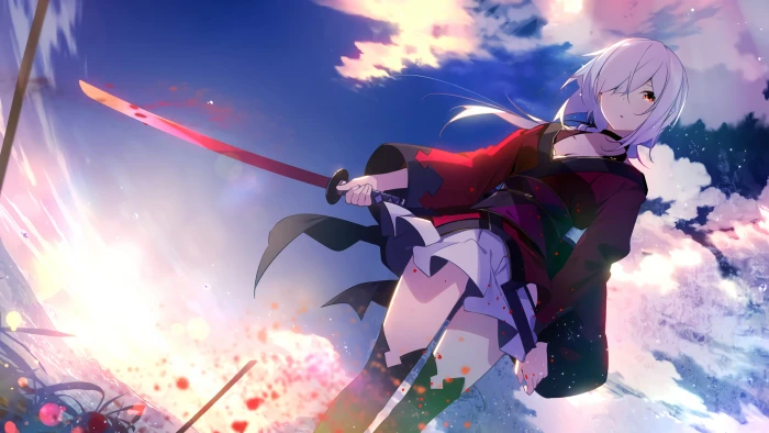purple haired girl illustration anime girls clouds katana 2k
