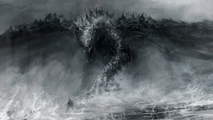 sea dragon illustration painting of gray and white monochrome 2k