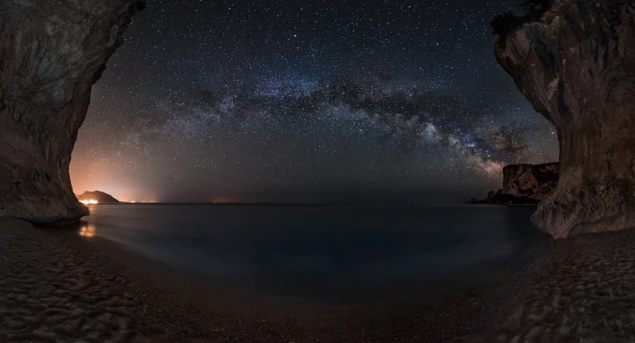 beach Sardinia starry night lights sand landscape galaxy 2k