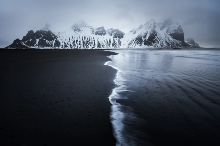 beach black Sand Coast Dark landscape monochrome mountains 2k