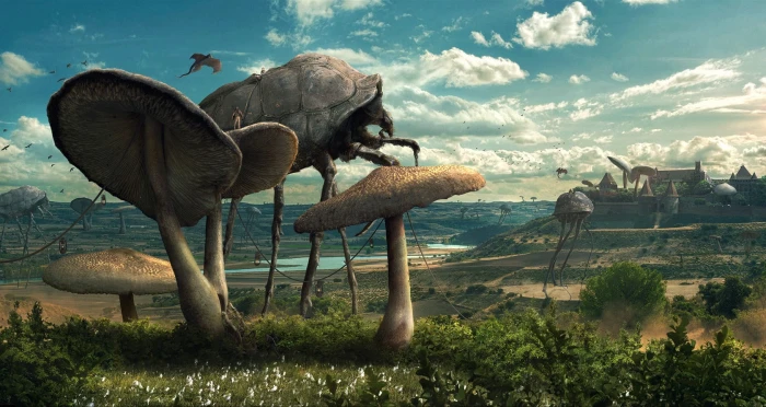 beige mushrooms and large creatures digital wallpaper science fiction 2k