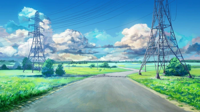 electrical post illustration power lines clouds blue green 2k