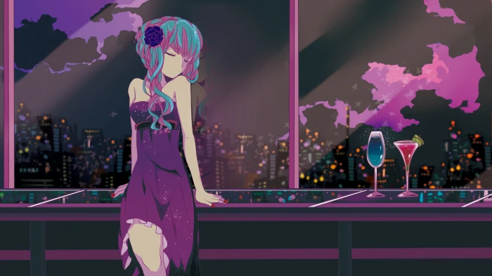 female anime illustration dress long hair closed eyes classy 2k