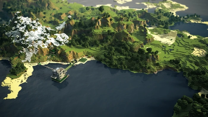 game map illustration Minecraft coast mountains trees beach 2k